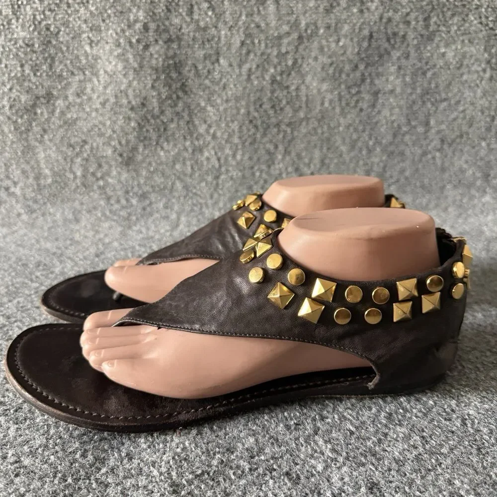 Tory Burch Leather Studded Gladiator Sandal Thong Cuff Ankle Wrap Brown Size 10M